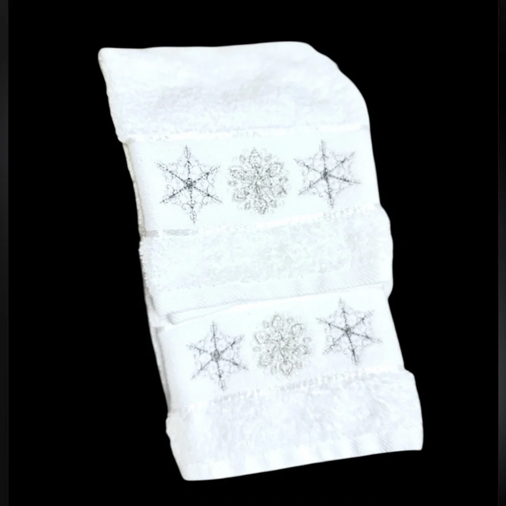 Winter Dreams White Hand Towels with Silver Embroidered Snowflake Made in Turkey